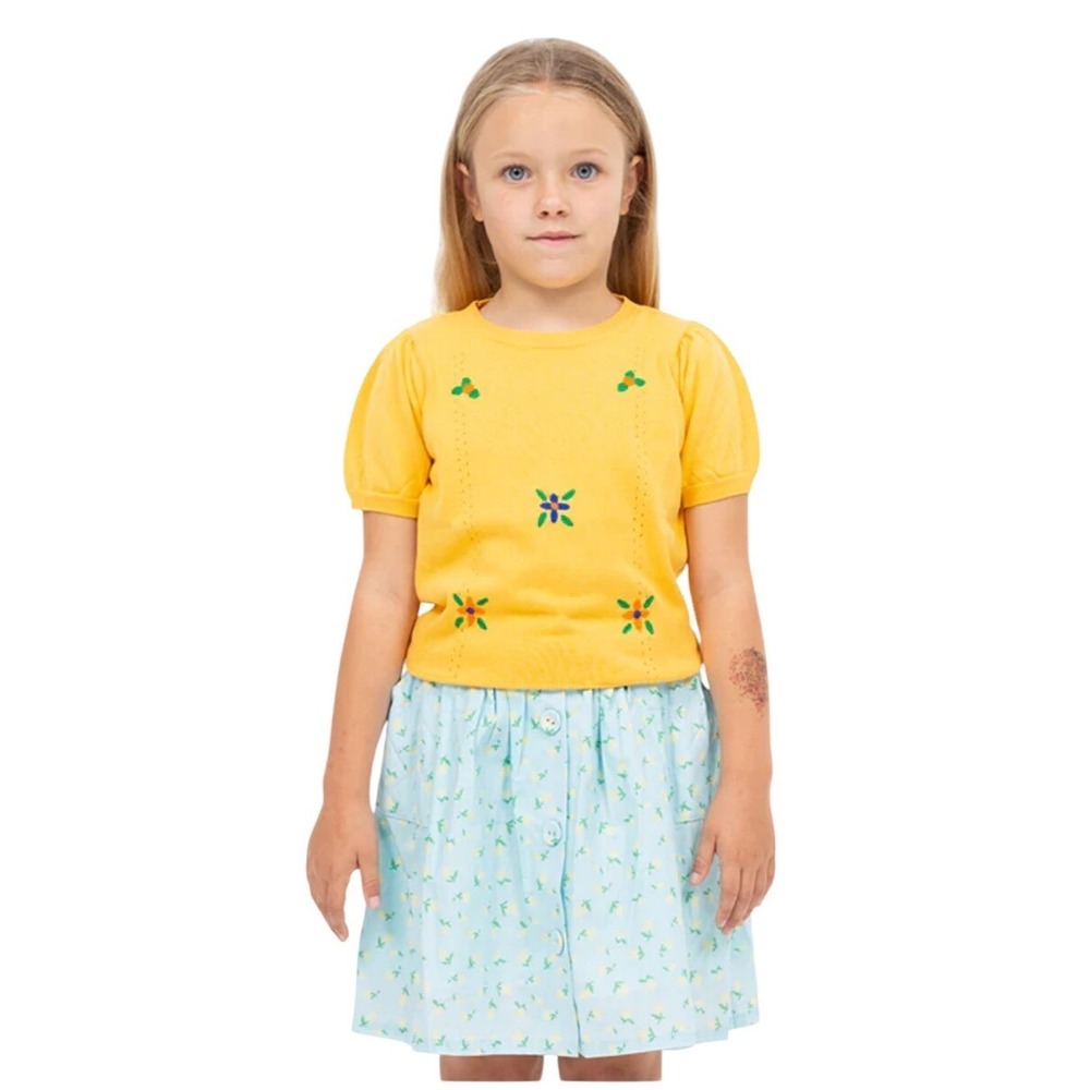 Wander Wonder Kids Yellow Puff‎ Sleeve Embroidered Flower Knit Sweater Top 3T